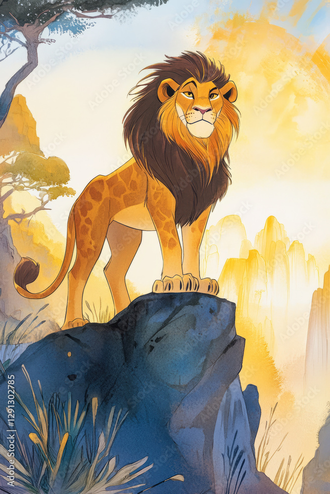 Illustration of a majestic lion standing proudly on a rock, overlooking ...