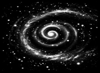 Wall Mural - Vector illustration of a mesmerizing spiral galaxy, composed of white dots on a black background. The design radiates cosmic beauty and mystery, capturing the essence of the universe's swirling energy