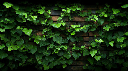 Poster - Lush green ivy climbing on rustic brick wall background for organic design