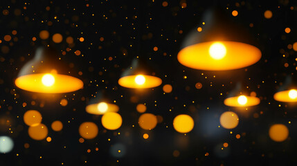 Fototapete - Warm glowing lights and yellow bokeh on dark background for holiday decor design