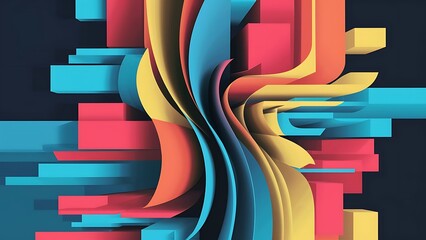 Poster - Modern design horizontal poster with bright colorful abstract geometric elements and curve lines flat vector illustration