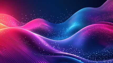 Poster - Abstract Colorful Waves with Glowing Particles Digital Art Background