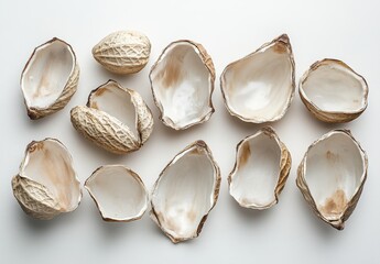 Poster - Various Shells Displayed on a White Background Showcasing Unique Shapes and Textures for Nature and Craft Use