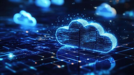 Poster - A futuristic digital cloud storage concept with glowing blue holographic elements over a network grid. Perfect for cloud computing, data security, and technology presentations