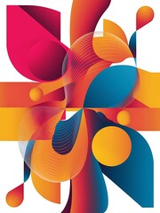Poster - Modern design horizontal poster with bright colorful abstract geometric elements and curve lines flat vector illustration