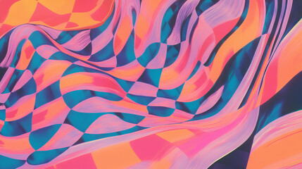 Poster - Vibrant checkerboard patterns with wavy lines for creative design and decoration