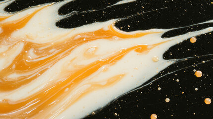 Poster - Luxurious caramel drizzle on creamy background with golden highlights for culinary and design concepts