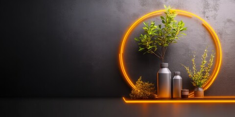 Poster - Modern Display of Decorative Plants and Bottles with Neon Orange Circle on Dark Wall Background