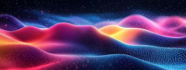 Poster - Abstract Colorful Waves Digital Art: Vibrant Hues and Glowing Particles
