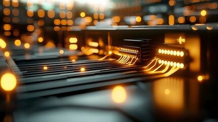 Poster - Close-Up View of Modern Data Center Technology with Glowing Cables and Warm Lights for Digital Innovation Concepts