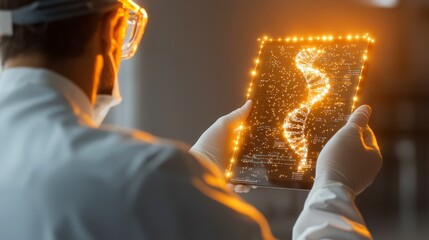 Poster - Scientist in Lab Coat Holding Tablet Displaying Glowing DNA Helix Model in Modern Laboratory Environment