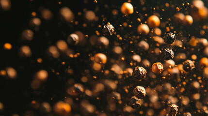 Poster - Dynamic background of floating black peppercorns for culinary design use
