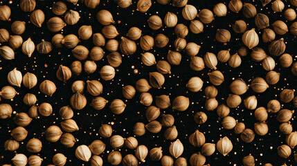 Poster - Close-up background of drifting brown coriander seeds for culinary design and decoration