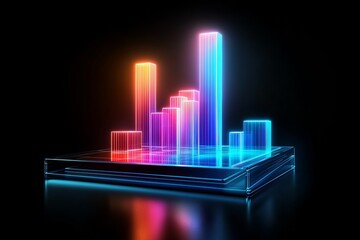 Poster - A vibrant and glowing neon bar graph rises prominently on a shiny, reflective surface, vividly illustrating the impressive growth and progress seen in both technology and business sectors today
