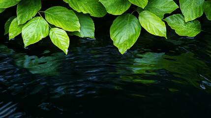 Poster - Serene nature scene with drifting deep green leaves on reflective water surface