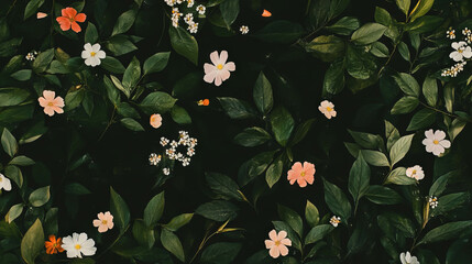 Poster - Nature-themed background with drifting green leaves and colorful flowers for design
