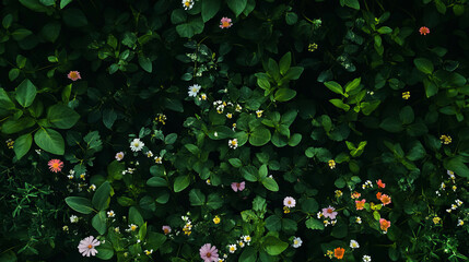 Poster - Lush forest green leaves with colorful flowers background for nature design