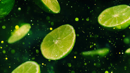 Aufkleber - Vibrant background of floating halved limes on lush green backdrop for fresh design