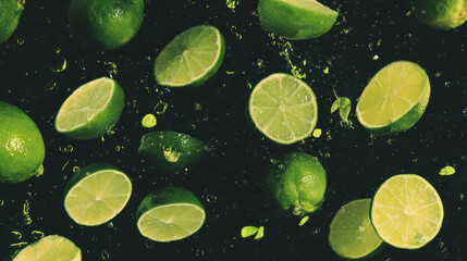 Aufkleber - Refreshing summer theme with floating halved limes on green background