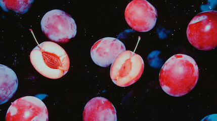 Aufkleber - Vibrant halved plums floating against a deep purple background for creative designs