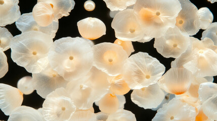 Poster - Ethereal arrangement of floating white poppy petals against a dark background