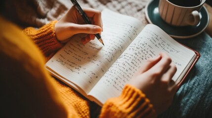 Wall Mural - Hypertension patient journaling in a cozy, well-lit corner. Featuring self-reflection and relaxation