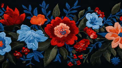 Poster - Embroidered floral denim pattern with vibrant colors for fashion design