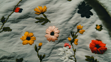 Poster - Floral embroidery on linen texture with vibrant flowers for design or decoration