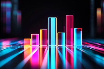 Poster - A vibrant and eyecatching neon bar graph rises majestically on a dark, reflective surface, symbolizing the growth and exciting progress in technology and business in todays dynamic world