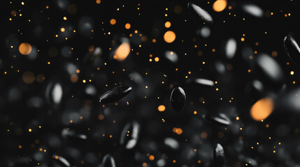 Poster - Dynamic pattern of falling black sesame seeds on dark background