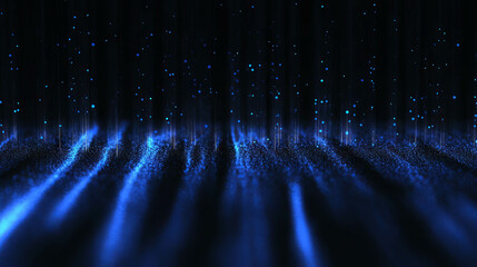 Poster - Abstract background with falling blue light rays and blurred glowing particles for digital design and technology themes