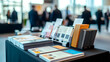 © Jack - A display of notebooks, brochures, and printing materials set on a table at a professional event, with attendees in the background.