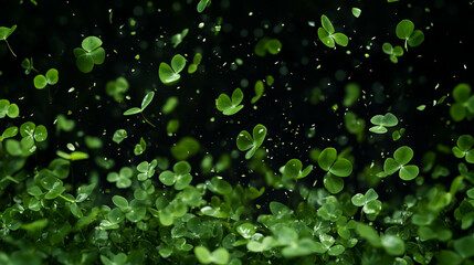 Aufkleber - Vibrant green clover leaves falling on dark background for nature and spring themes