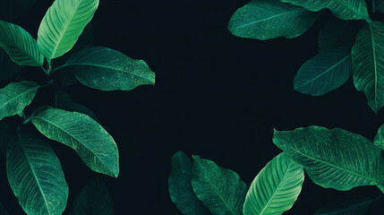 Poster - Vibrant green leaves falling against dark background for nature designs