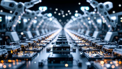 Poster - advanced robotic assembly line showcases intricate circuit board manufacturing process in a modern f