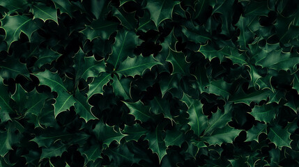 Poster - Festive dark green holly leaves falling background for seasonal design
