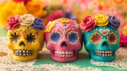 Poster - Mexican Day of the Dead marzipan skulls, decorated with colorful icing and sugar flowers, placed against a festive papel picado background