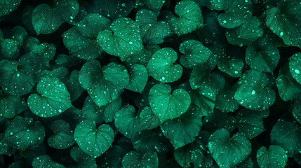 Poster - Lush emerald green leaves with dew drops for nature and seasonal design