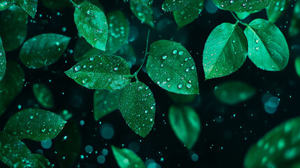 Poster - Lush emerald green leaves with dew drops on a dark background for nature and botanical designs
