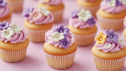 Poster - Mini marzipan cupcakes, decorated with delicate royal icing flowers, against a bright pastel background