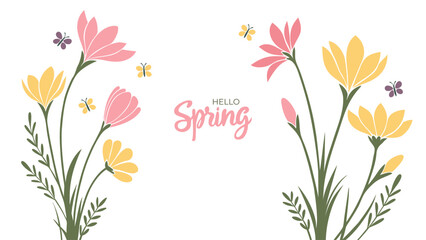 Fototapete - Hello Spring. Hand lettering and spring flowers for Springtime season greetings and invitations. Vector illustration.