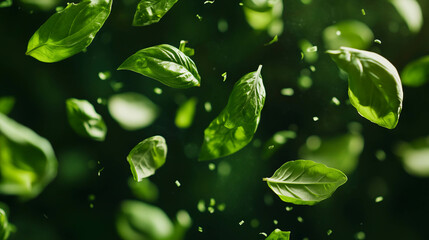 Aufkleber - Falling green dried basil leaves on a lush green background