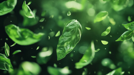 Aufkleber - Vibrant green basil leaves falling on lush background for nature and herbal themes