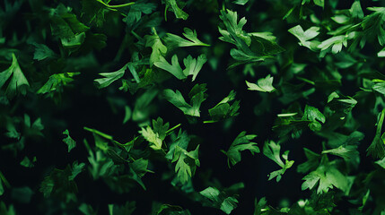 Aufkleber - Green dried parsley flakes falling against dark background for culinary design