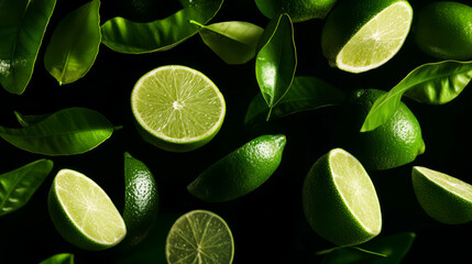 Poster - Vibrant lime green citrus leaves and limes on dark background