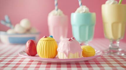 Poster - Retro 1950s diner-themed marzipan sweets, plated on a classic checkered tablecloth with milkshakes in the background