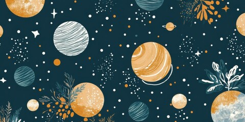 celestial space pattern with planets and stars on dark background