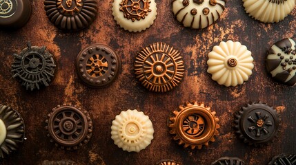 Poster - Steampunk-inspired marzipan sweets, decorated with edible cogs and gears, set against a deep brass and copper-toned background