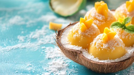 Poster - Summer-inspired tropical marzipan treats, flavored with mango and passionfruit, served on a coconut shell with a turquoise ocean backdrop