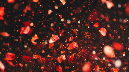 Poster - Vibrant background of falling red chili flakes in dark atmosphere for spicy culinary design
